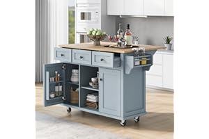 Yayzy Rolling Kitchen Island with Drop Leaf, Cabinet Door Storage Racks & 3 Drawers, Mobile Kitchen Cart with Rubberwood Top & Locking Wheels for Dining Room & Kitchen, 53-Inch, Grey Blue
