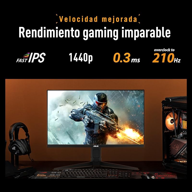 TUF Gaming VG27AQL5A Monitor de 27 polegadas, QHD (2560 x 1440), 210 Hz (OC), IPS rápido, ELMB Sync, 0,3 ms GTG (min), Altifalante estéreo, DisplayWidget Center, AI Gaming, Ajuste de altura