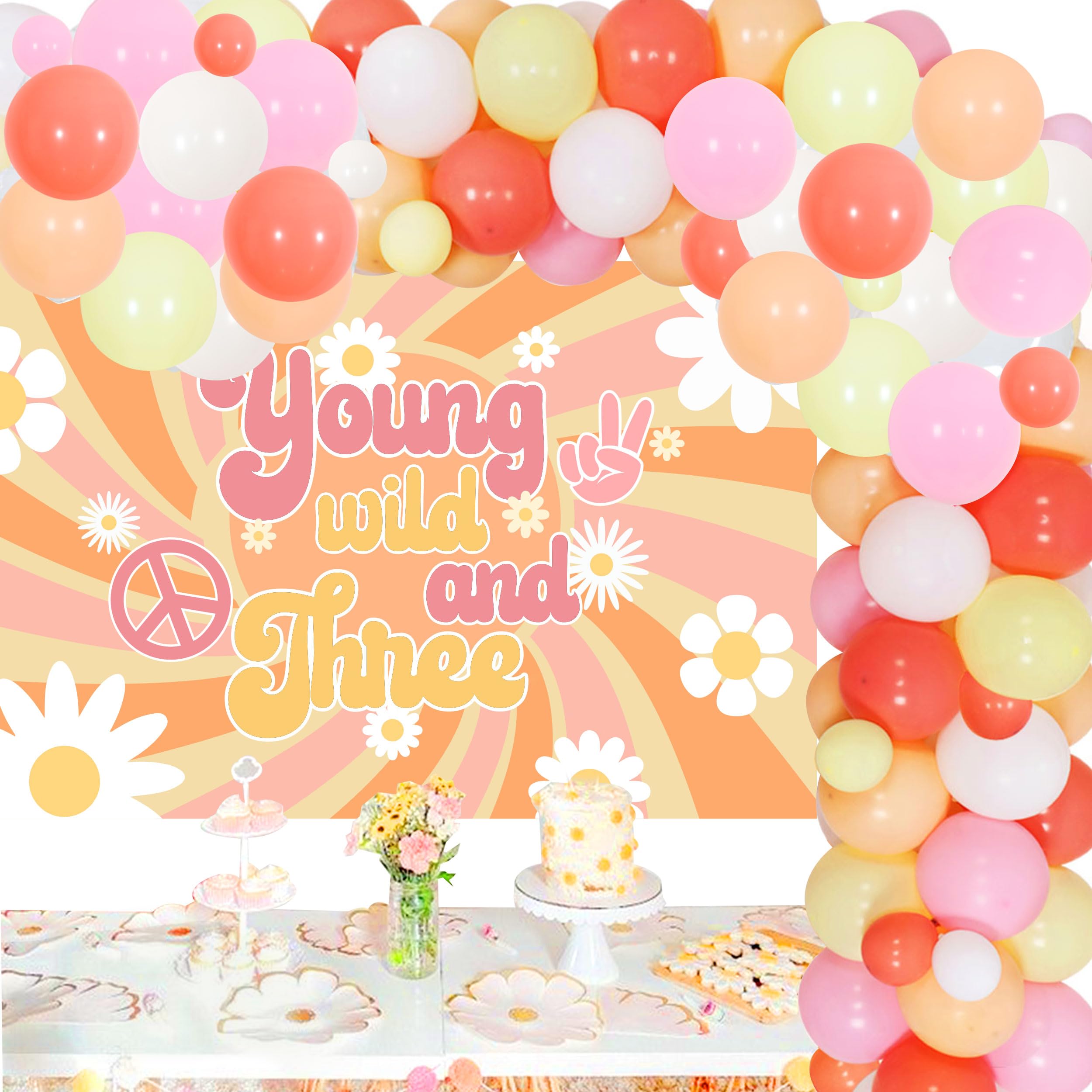 Groovy Three Birthday Decorations, Young and Wild Three Groovy Backdrop Retro Hippie Boho Daisy Flower 3rd Birthday Supplies with Balloon Garland Kit