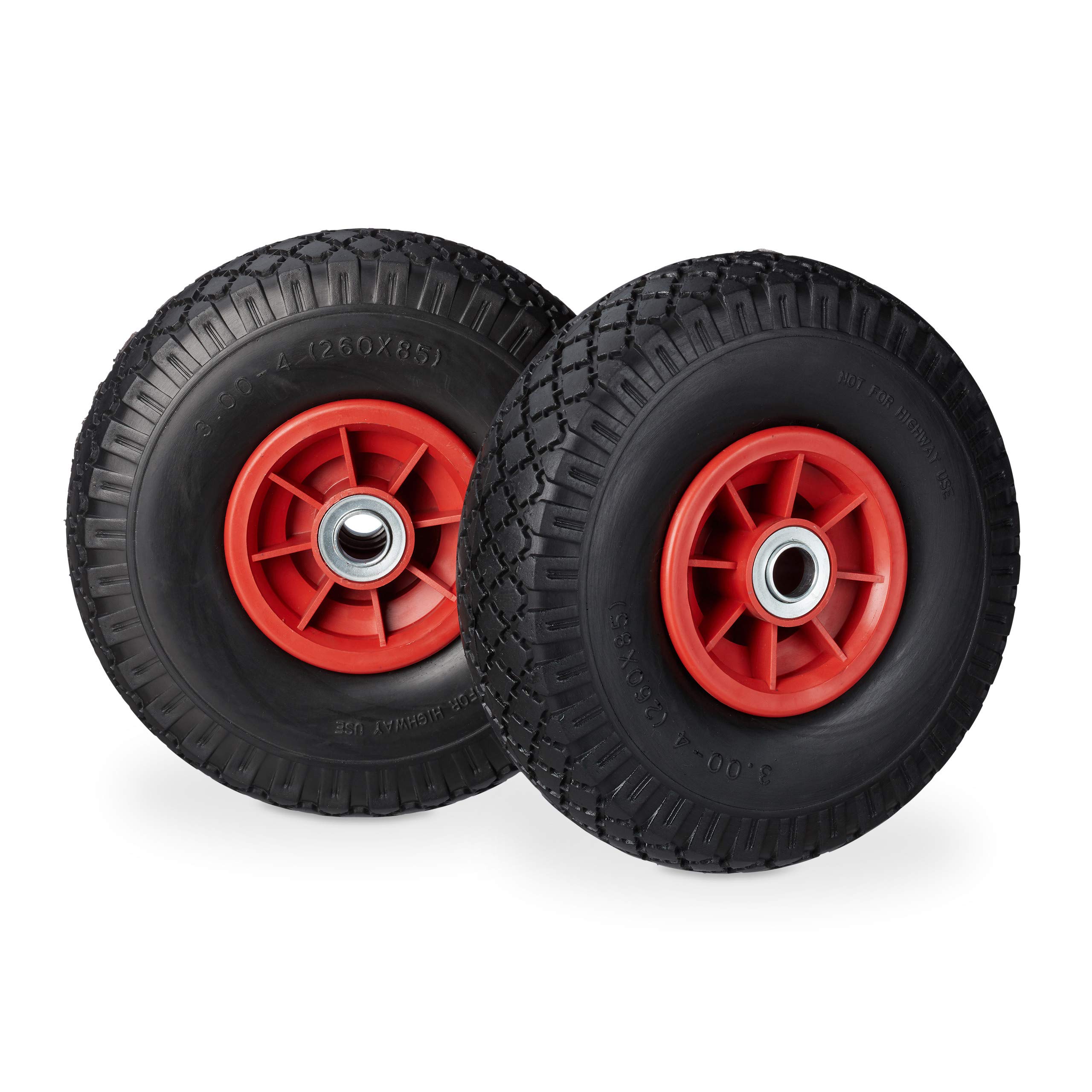 Relaxdays 2 x Hand Truck Tyre, Non-Flat Solid Rubber Wheels, 3.00-4”, 20mm Axle, 80 kg, 260 x 85 mm, Black/Red
