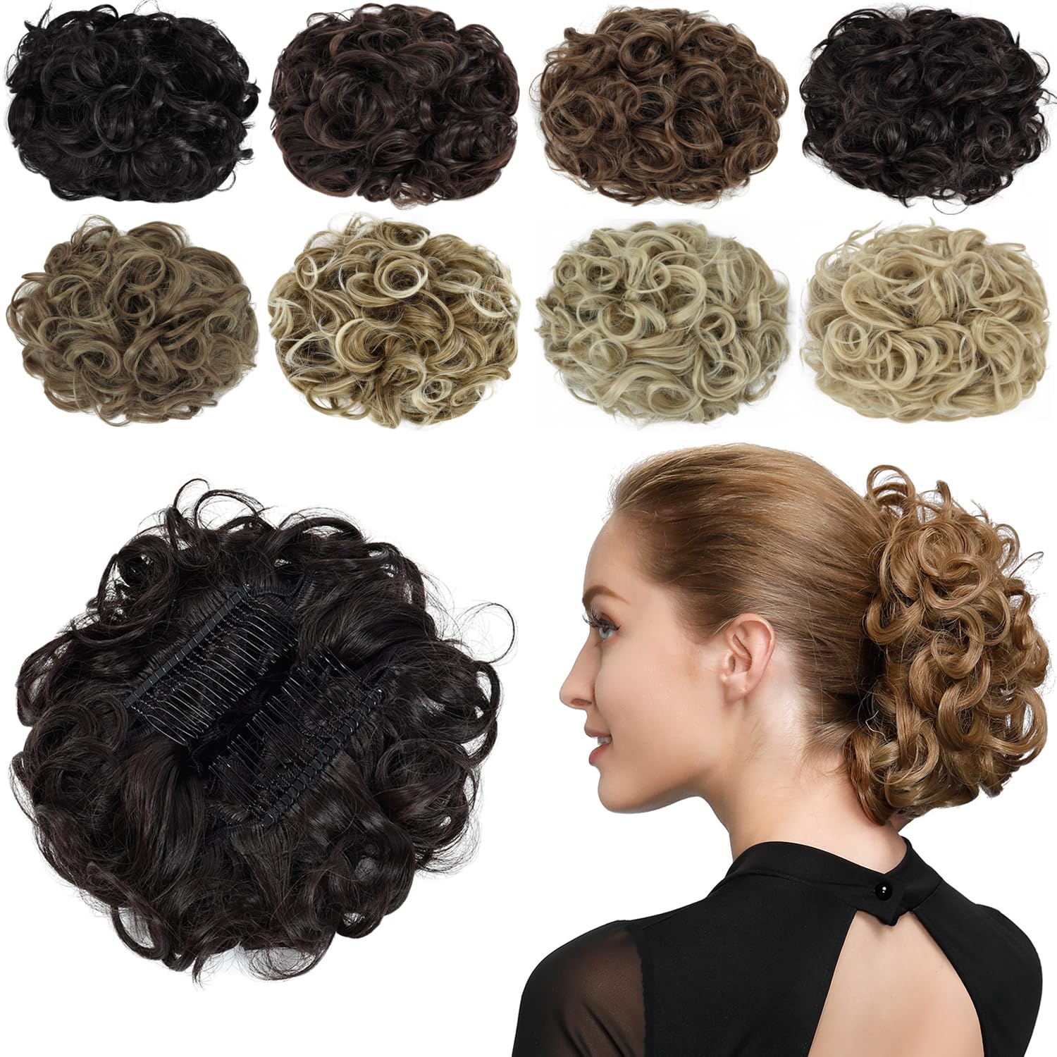 Yamel Chignon Hairpiece Curly Bun Scrunchie Extensions Synthetic Updo Combs in Messy Bun Hair Piece for Women 4A# Dark Brown