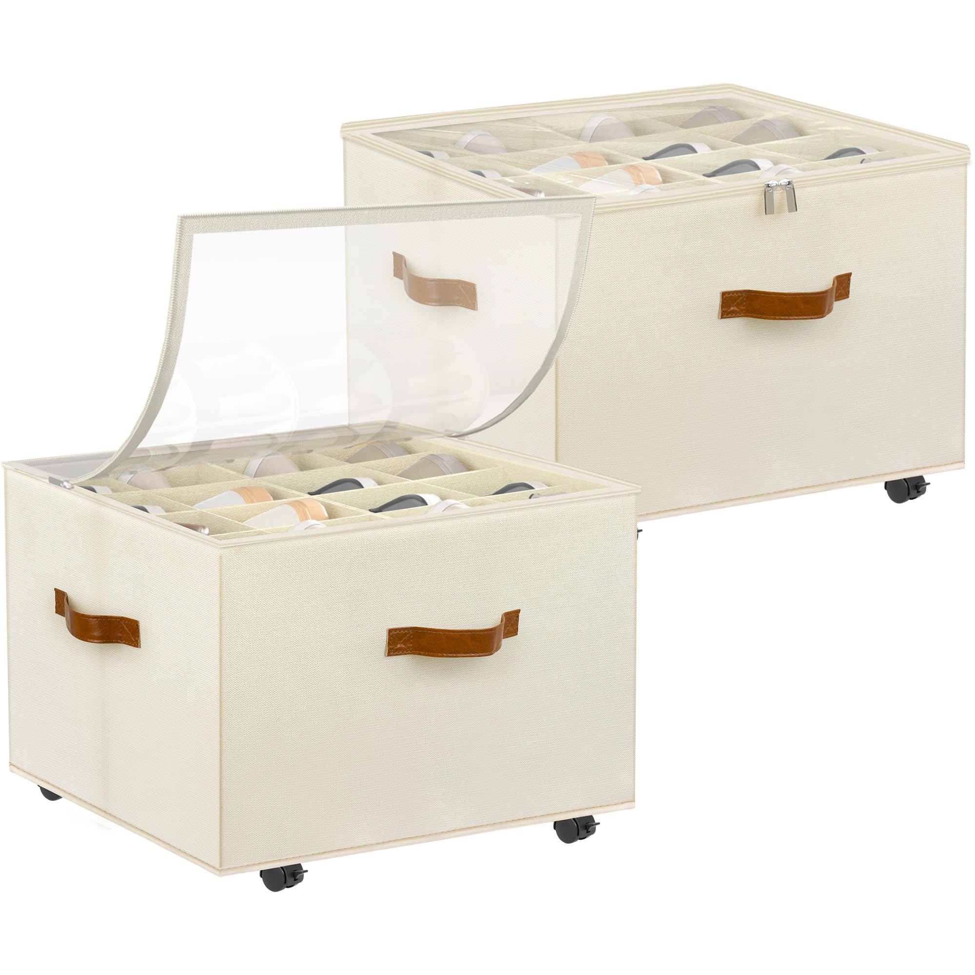Photo 1 of Shoe Organizer for Closet, 2 Pack Shoe Storage Organizer with Wheels and Adjustable Dividers, Stackable Shoe Storage Box with Clear Cover, Foldable Closet Shoe Organizer Fits up to 16-32 Pairs, Beige