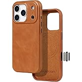 LUCKYCOIN for iPhone 17 Pro Full Genuine Leather Phone Case, Built-in Camera Control/Comprehensive Camera Protection/Compatible with MagSafe, Premium Leather Magnetic Phone Cover - Brown