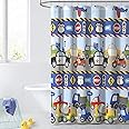 Dream Factory Kids Fabric Shower Curtain for Bathroom, 72 in x 72 in (W x L), Blue Red Trains and Trucks
