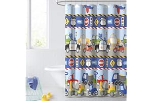 Dream Factory Kids Fabric Shower Curtain for Bathroom, 72W x 72L, Blue Red Trains and Trucks