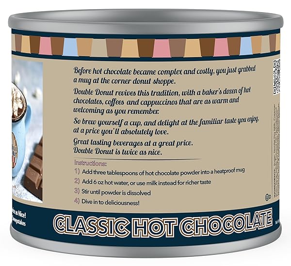 DOUBLE DONUT COFFEE CLASSIC BULK HOT CHOCOLATE MIX, RICH HOT COCOA 12 OUNCE CANISTER, HOT CHOCOLATE POWDER