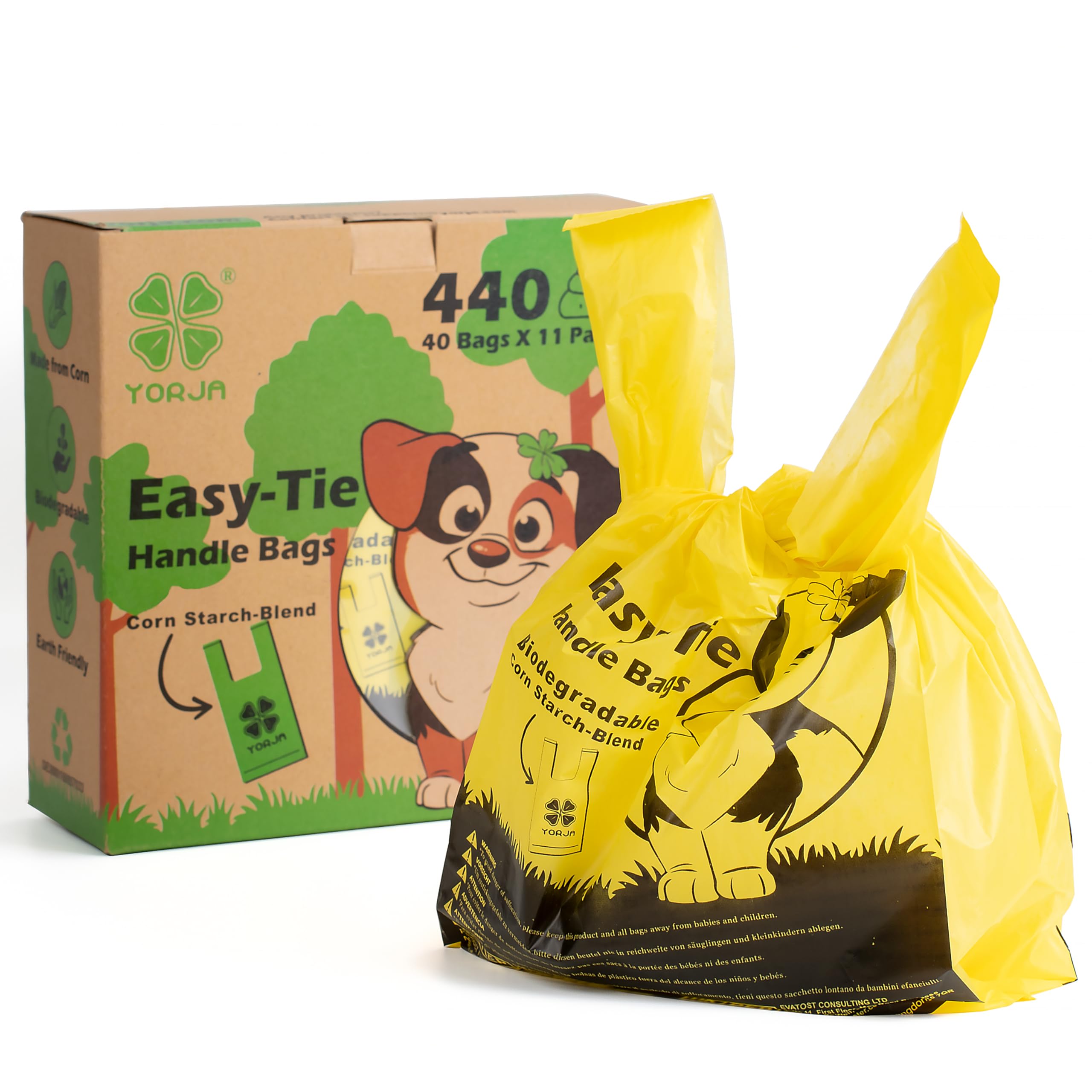 YORJA Tie Handles Dog Poo Bags, 440 Pet Poop Bags, Thick and Strong 100% Leak-Proof Biodegradable Cat Litter Waste Bags (Yellow)