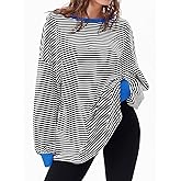 Tankaneo Womens Oversized Long Sleeve T Shirts Striped Color Block Cotton Tunic Tops Loose Fit Fall Crewneck Sweatshirt