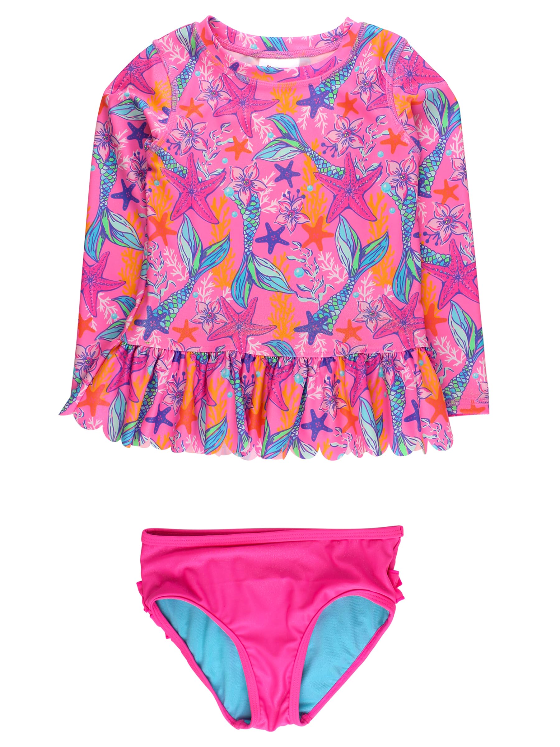 RuffleButts Baby/Toddler Girls Scalloped Long Sleeve Rash Guard 2-Piece UPF50+ Sun Protected Swimsuit - Neon Shimmer Mermaid, 18-24m Image