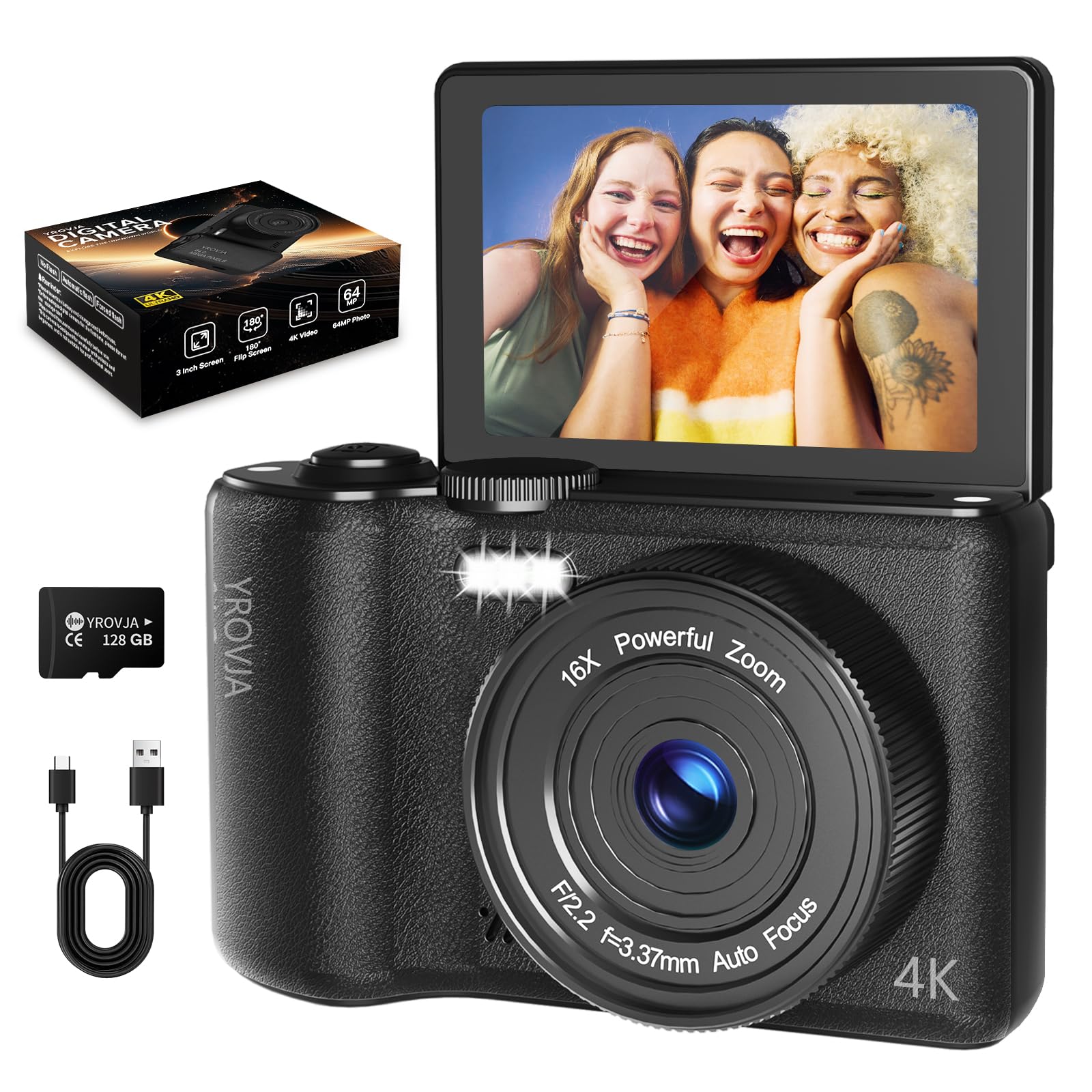 Lens 4k Travel Camera 4K Digital Camera, 64MP Autofocus Vlogging