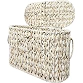 Coeusy Toilet Paper Basket,Wicker Toilet Paper Storage with Lid,Decorative Boho Wicker Basket for Bathroom,Free Standing-Cream White