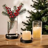 NUPTIO Wooden Candle Holders Pillar: Black Candle Tray with Round Hurricane Glass Vase - Set of 2 Cylinder Floating Candleholder for Home Halloween Thanksgiving Seasonal Decor