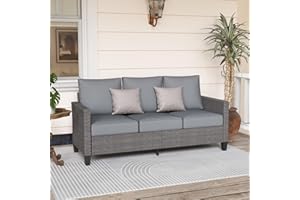 SUNSITT Outdoor Patio Couch Sofa, All Weather Wicker 3 Seater Couch, Outdoor Seating Patio Furniture Sofa with Grey Olefin Cushion for Balcony Porch Deck