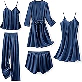 SAPJON Silk Pajamas for Women 5Pcs Sleepwear Loungewear Satin Robe Cami Shorts Pj Set