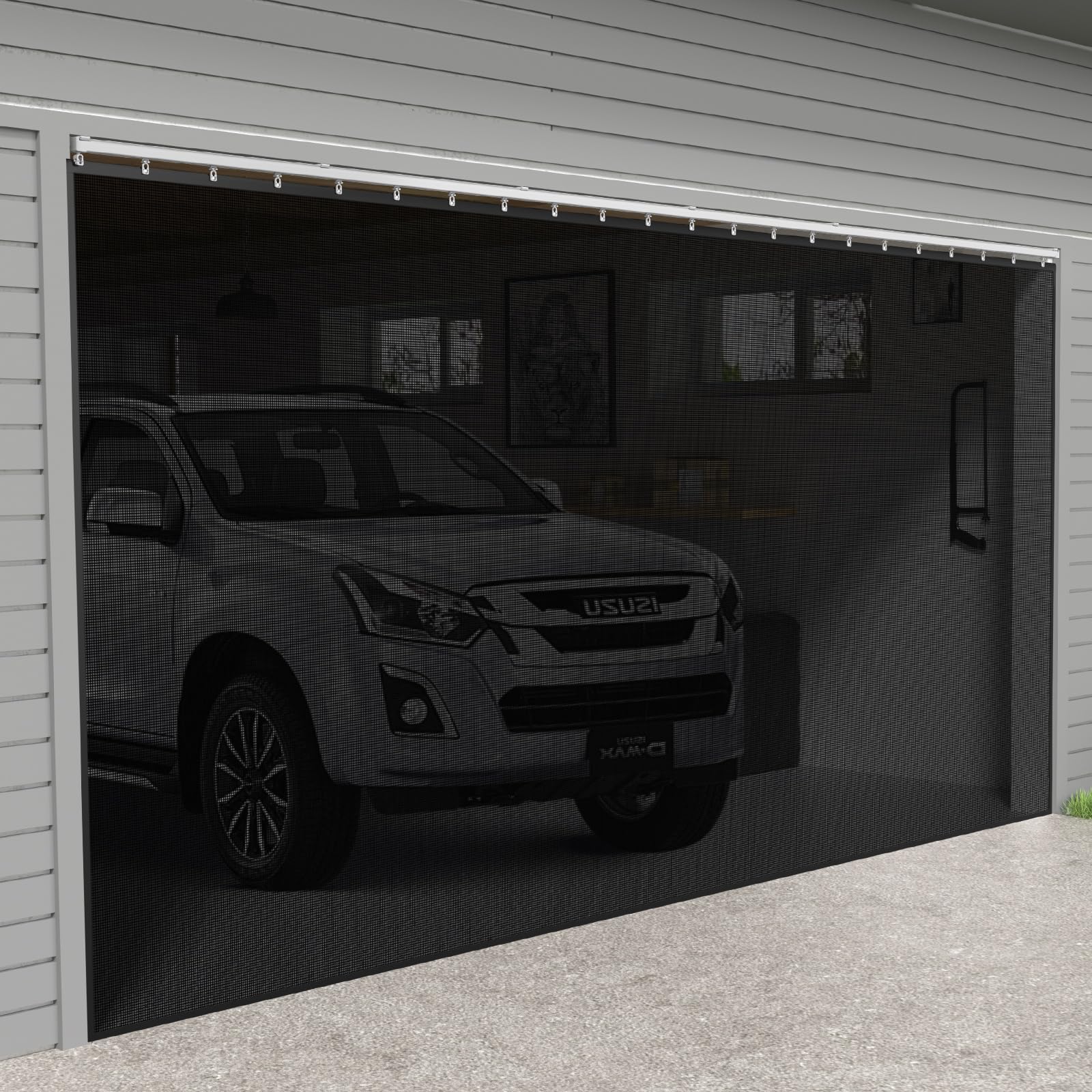 Photo 1 of ***UNKNOWN DAMAGES*** Sliding Garage Door Screen with Track Closure - Retractable Privacy Curtain Keep Annoying Animals Out Easy Install Heavy Duty Fiberglass Mesh Net for Opening Garage Patio (Black, 16 ft x 8 ft)