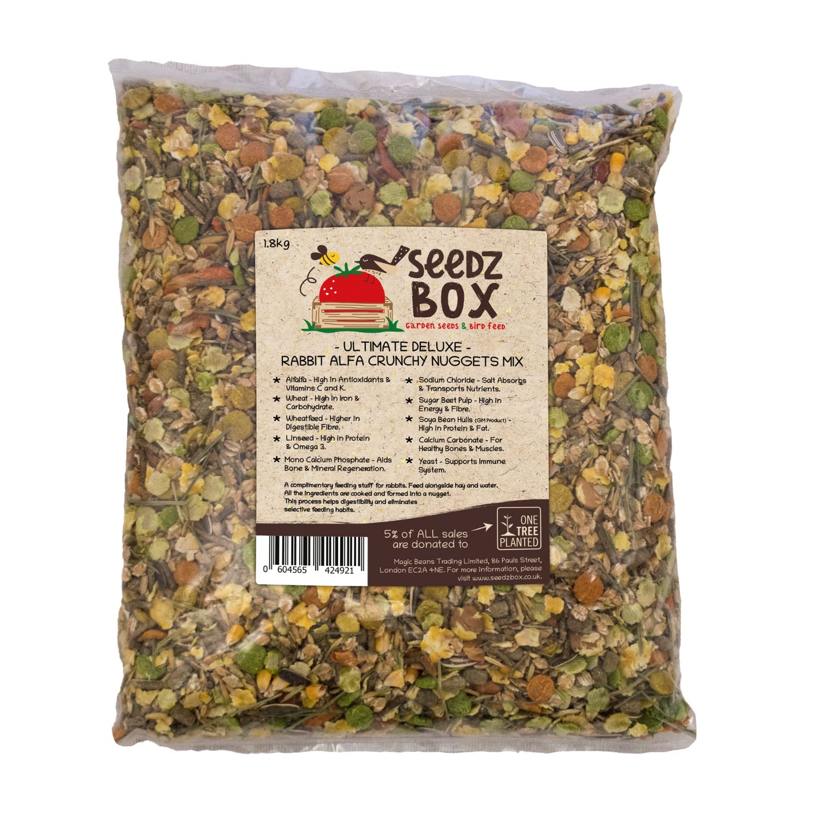 Rabbit Food For Indoor & Outdoor Rabbits 1.8kg - Crunchy Grain and Vegetable Mix - SeedzBox Rabbit Food - Natural Feed For Bunnies - Dried Grass Oats and Carrots - High in Fibre and Healthy Fats