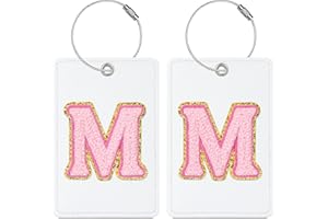 Sodsay 2 PCS Initial Luggage Tag, Luggage Tags for Suitcases Cute Embroidered Letter PU Leather Travel Bag Baggage Tags ID Label with Steel Loops for Women Kids Teens(M, White Leather+Pink Letter)