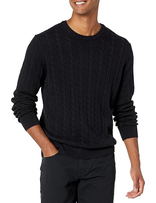 Amazon Essentials Men's Crewneck Cable Cotton Sweater, Black, XX-Large