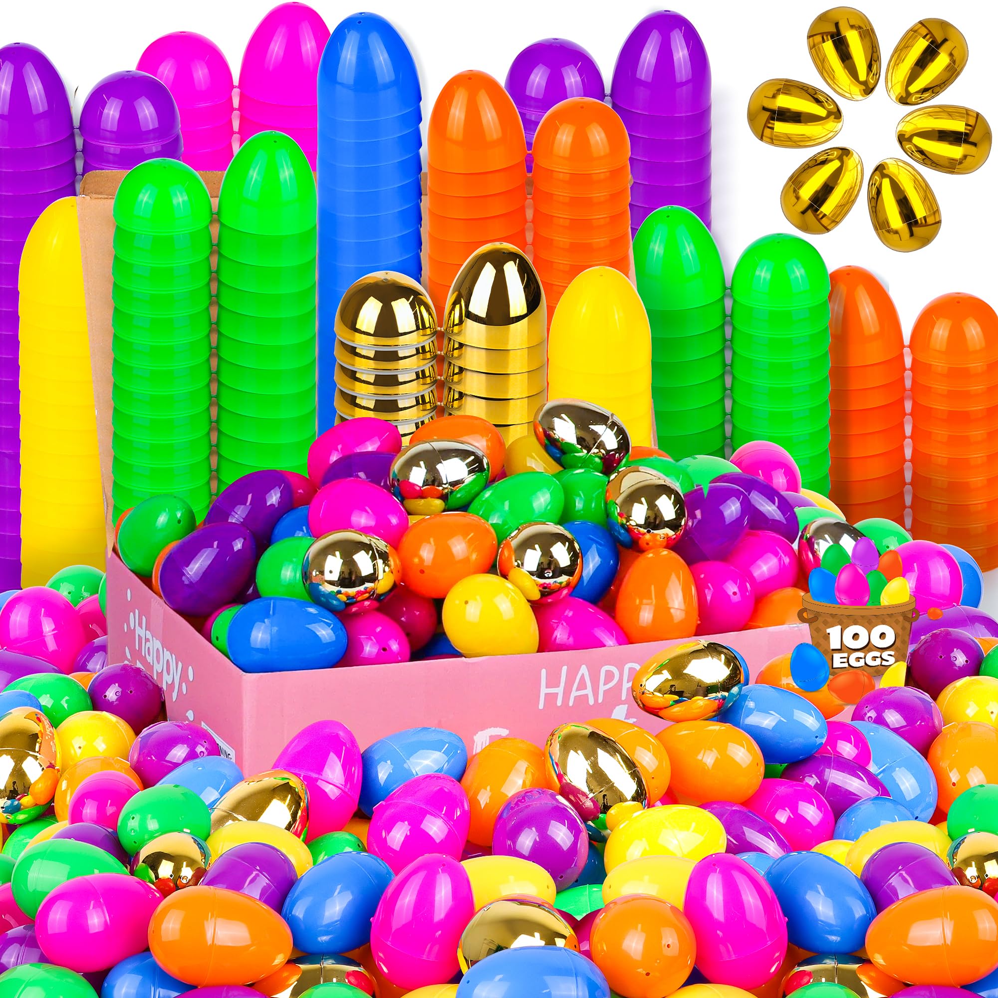 Photo 1 of 100 Pack Fillable Plastic Easter Eggs Bulk Include 6 Surprise Golden Eggs, 2.4 Inch Bright Color Empty Easter Eggs for Easter Hunts, Basket Stuffers Fillers, Easter Party Favors Classroom Prize