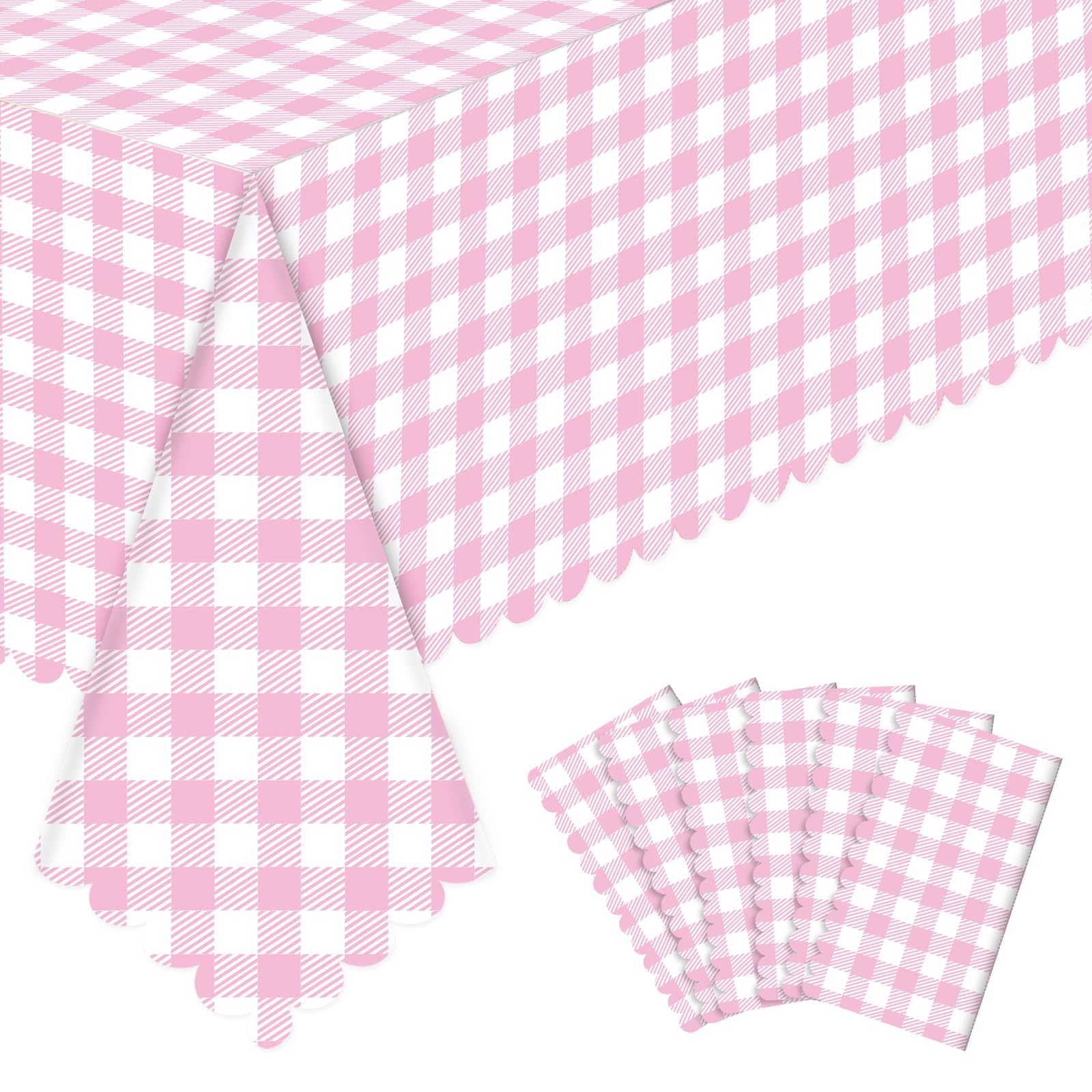 6 Pack Pink Gingham Tablecloths, 54 X 108Inch Scalloped Pink and White Checkered Table Cloth Disposable Party Table Covers for Wedding Easter Mother's Day Anniversay Birthday Baby Bridal Shower