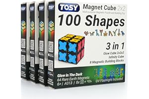 TOSY Magnet Cube 2x2 - 8 Blocks, 2in1 Toy: 2x2x2 Puzzle Cube and Customizable Infinity Cube, Glowing w/ UV Flashlight, Christmas Stocking Stuffers Gift for Kids/Grandkids, STEM Toy, 4-Pack