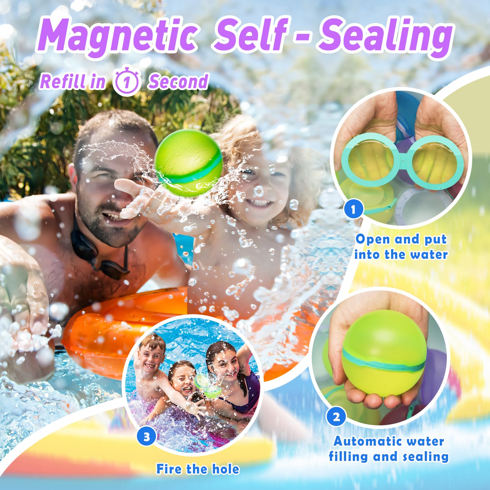 【12 Pack】Magnetic Reusable Water Balloons Fast Refillable for Kids Outdoor Activities, latex-free Kids Pool Beach Bath Toys, Self-Sealing Water Bomb Quick Fill for Summer Games (12)