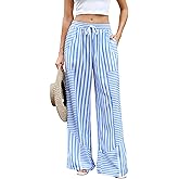 ZAFUL Womens Linen Pants Wide Leg Casual Palazzo Pants Striped Casual Drawstring Elastic Waisted Lounge Trousers with Pockets
