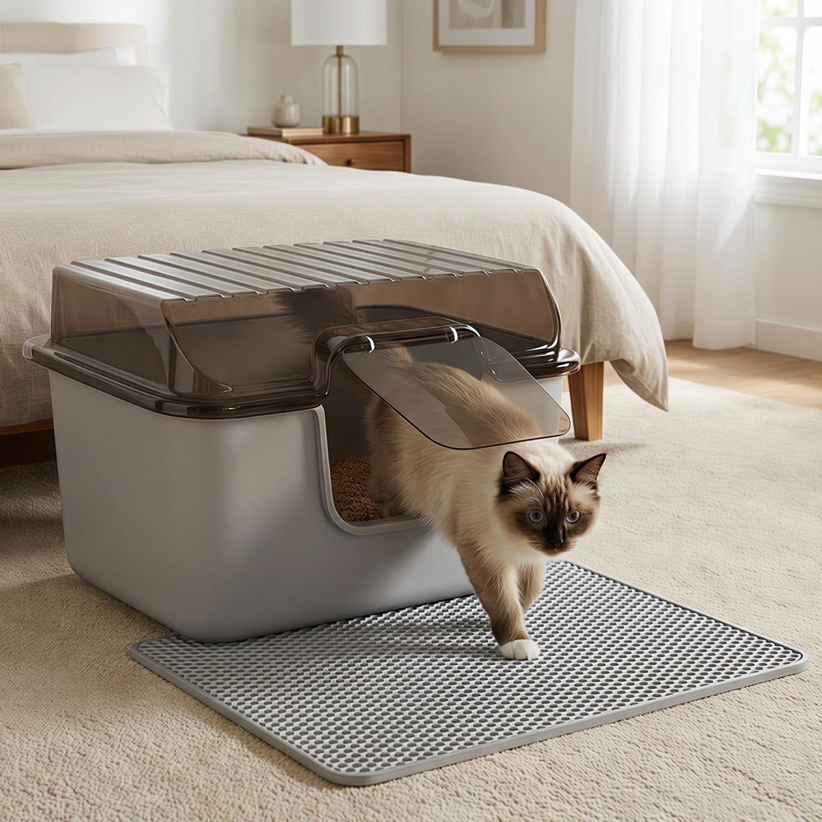Photo 1 of Oneluck Large Cat Litter Box with Transparent Covered,Mat and Scoop, Convenient for Observing Cats, Front Door Flap for Privacy, Gray (23.5" L x 16.9" W x 15.76" H)