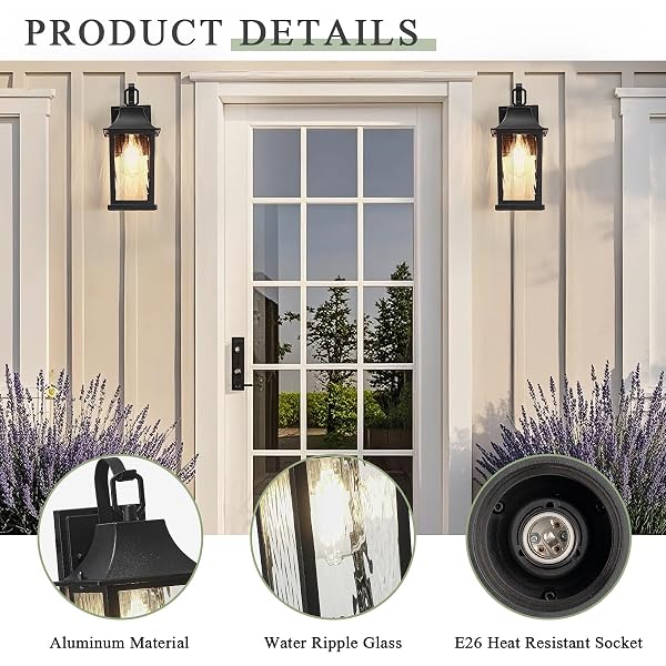 JAFINOU 2-PACK 13” MATTE BLACK OUTDOOR WALL SCONCE, RUSTPROOF ALUMINUM PORCH LIGHT WITH WATER PATTERN GLASS, EXTERIOR LIGHTING FOR PATIO HOUSE GARAGE