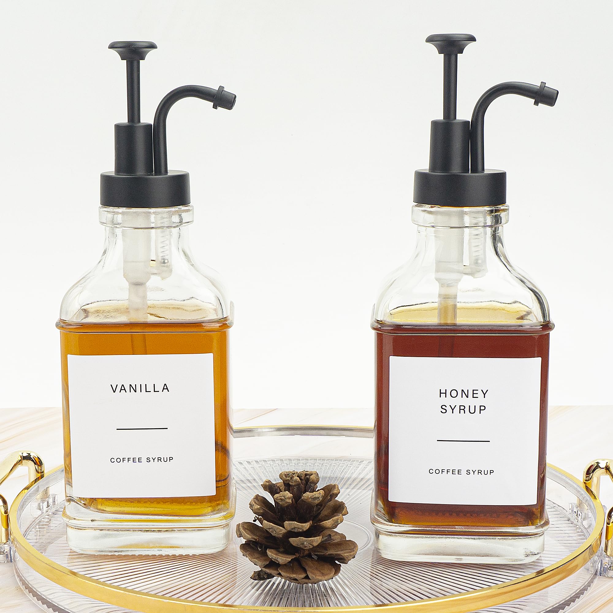 Ezebesta 2 PCS 500ml Syrup Dispensers Large Glass Bottles with Black Pressing Pumps and Various Syrup Labels for Kitchen Coffee Station Organization - Pump Patent Registered