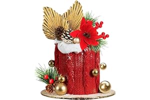 ZXSWEET Merry Christmas Cake Topper Decorations with Red Flower Gold Balls and Pine Cones for Christmas Theme Cake Decorations Supplies