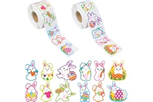 AUGISTEEN 1200 PCS Easter Bunny Stickers Roll 12 Designs Easter Egg Rabbit Stickers Self-Adhesive Easter Decorative Label Stickers for Envelopes Craft Card Gift Party Supplies, 2 Rolls