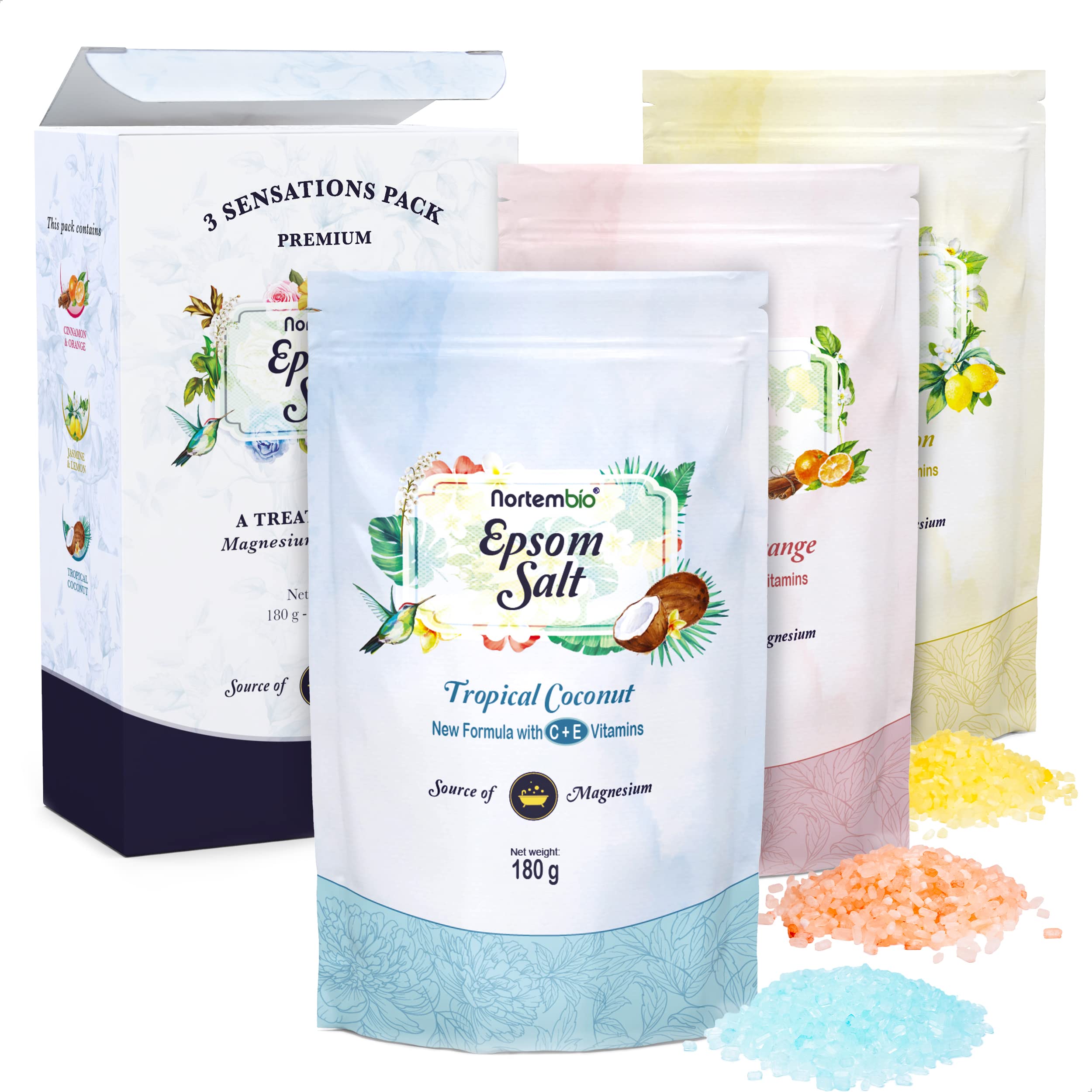 Nortembio Epsom Salt Gift Pack Jasmine, Cinnamon & Coconut Fragrances 3 x 180g | Natural Magnesium with Vitamins C & E | Relaxing Baths, Spa, Hydration + Free E-Book