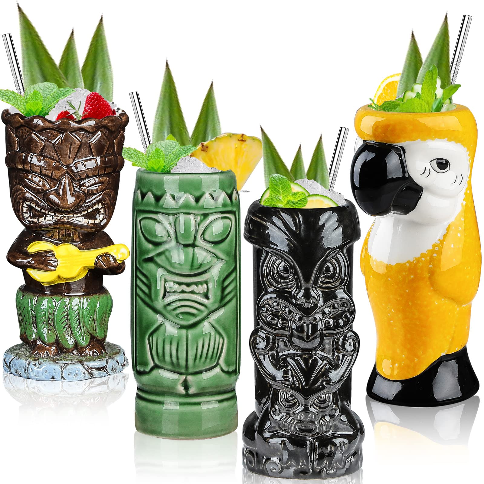 Tiki Glasses for Cocktails Tiki Mugs Set of 4 Ceramic Tropical Cups Hawaiian Tiki Party Creative Cocktail Glass Drinks Large Bar Drinkware Premium Tropical Exotic Cute Barware 4 Packs