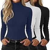 Velvelhall 3 Pack Women’s Ribbed Turtleneck Tops Long Sleeve Cotton Stretch Shirts Slim Fit Base Layer Undershirt Tees(Black, White, Haze Blue,Medium)