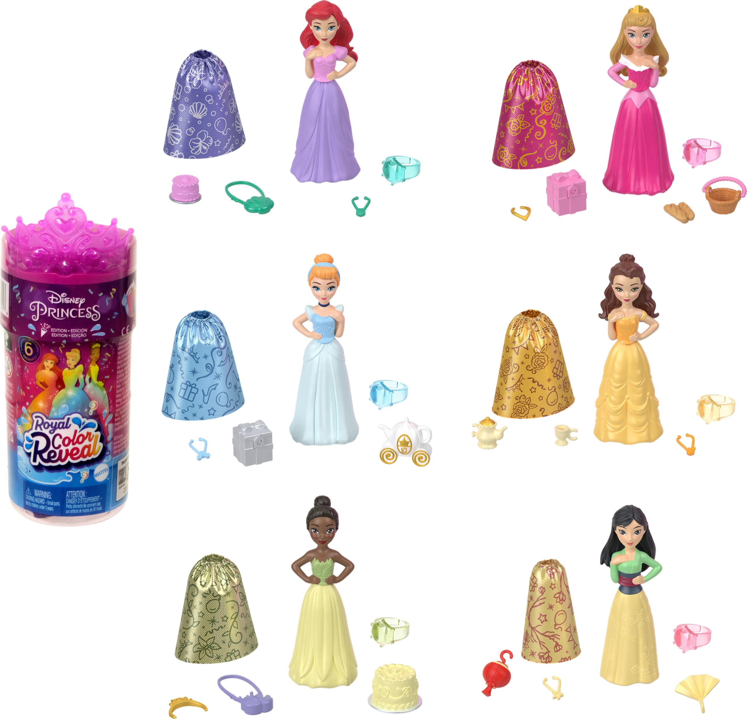 Disney Princess Toys, Royal Color Reveal Doll with 6 Unboxing Surprises, Party Series with Celebration Accessories, Inspired by Disney Movies, HMK83