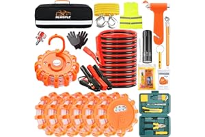 HLWDFLZ Car Emergency Roadside Kit, with Led Road Flares, Jump Cables, Towing Rope, Winter Car Safety Kit Roadside Emergency Kit for Car 50pcs
