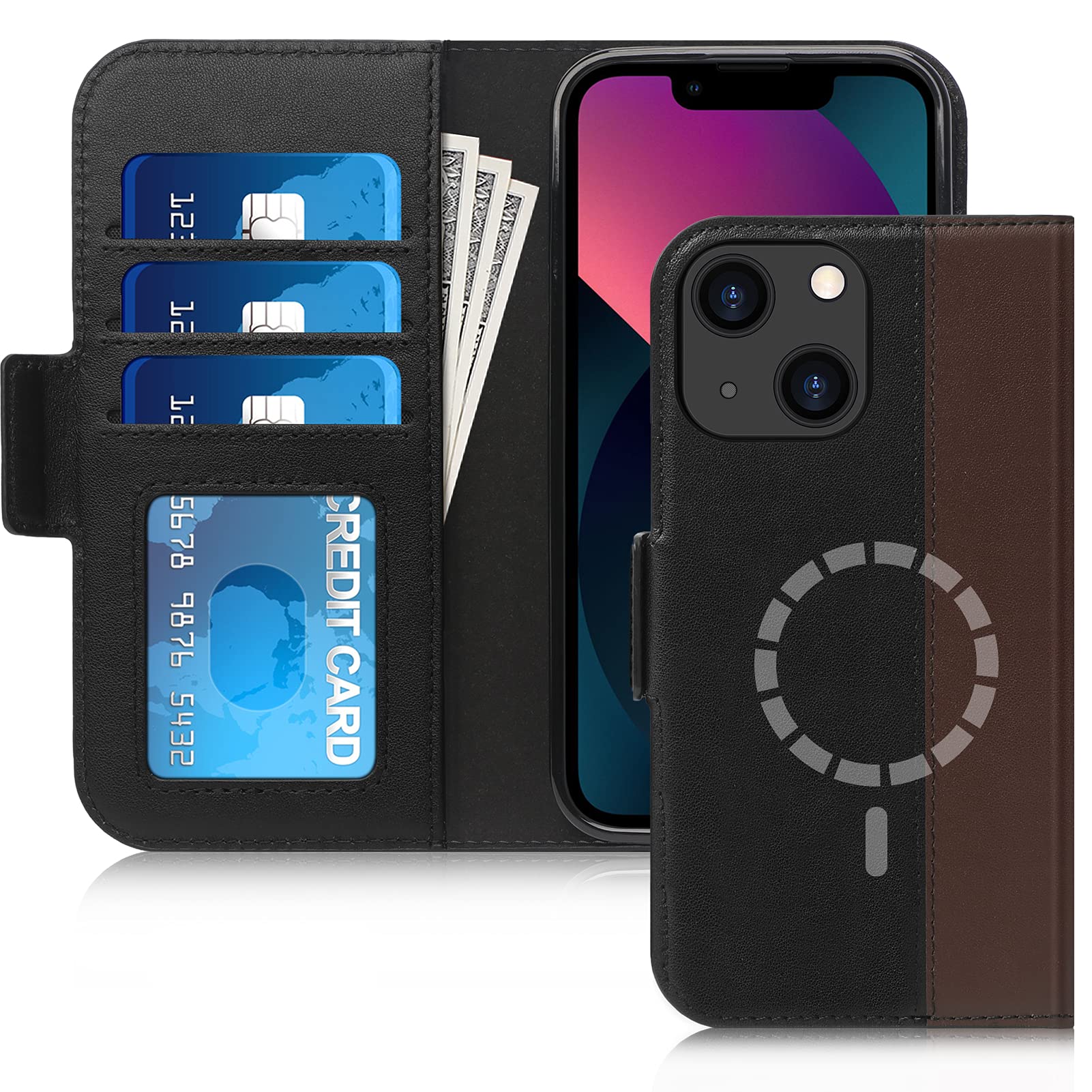 FYY iPhone 13 Case, [Genuine Leather][Support Magsafe Charger][RFID Blocking] Flip Wallet Phone Case Protective Shockproof Cover with [Card Holder] for Apple iPhone 13 6.1" (2021) Black