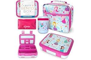 KINSHO Bento Lunch Box with Stainless Steel Thermo, Matching Insulated Lunch Bag and Ice Pack Set for Girls, Kids, 5 Divided Compartments, Snack Container for Toddler Daycare, Pink Fairy Princess