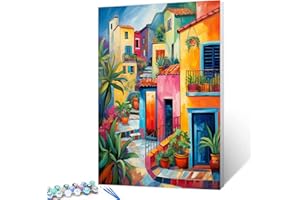 TUMOVO Graffitic House Paint by Number Summer Landscape DIY Acrylic Painting Kit for Kids Adults Beginner Colorful Building DIY Oil Canvas Painting Craft 16x20 Inch Home Decor Boho Gift (Without Frame)
