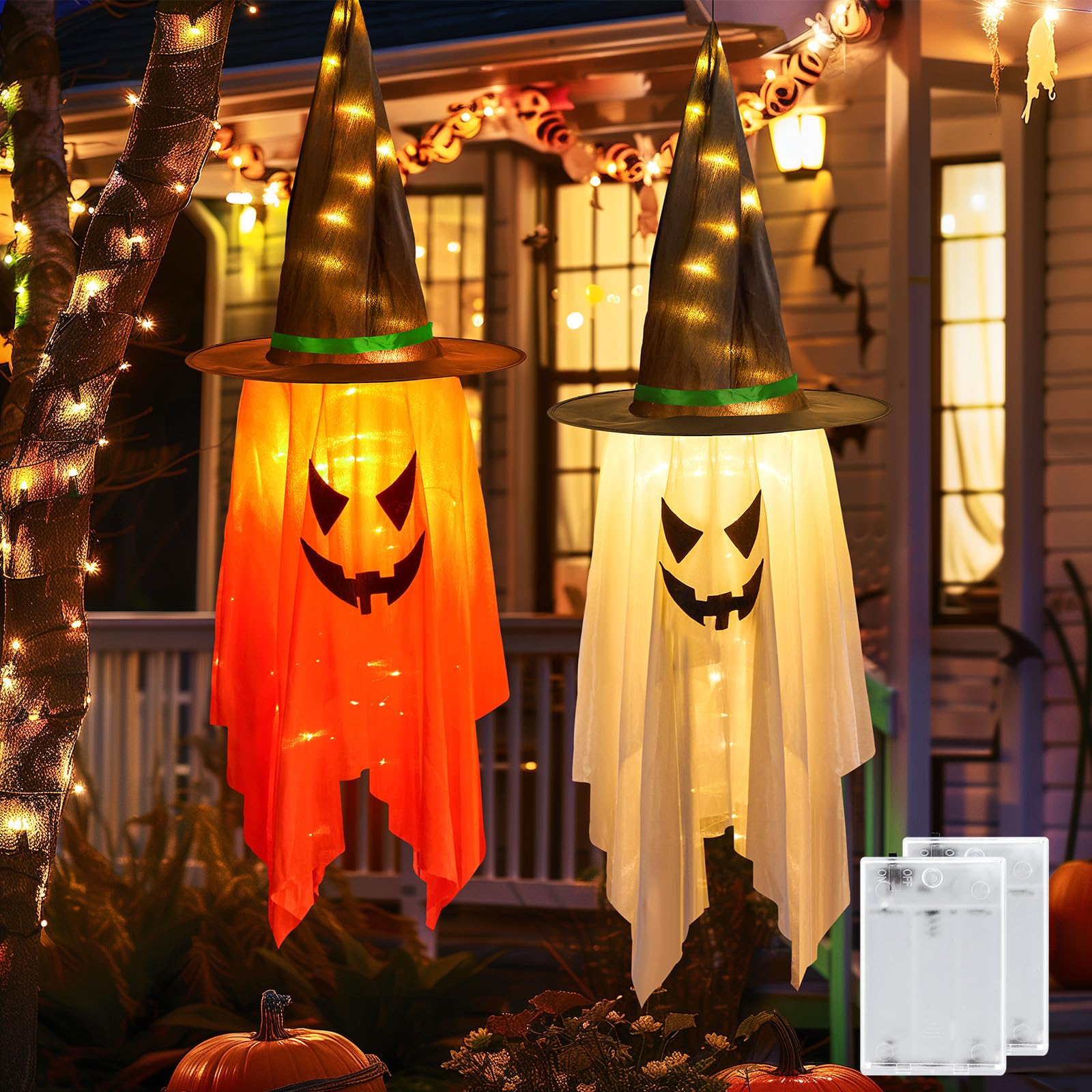 Photo 1 of Minetom Halloween Lights Battery Operated, 2PC Large Hanging Witch Hats Lights, Total 40 LED Light up Witch Hat, Glowing Ghost Witch Hat Lights, Halloween Outdoor Decoration for Tree Indoor,Warm White