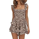 Farktop Womens Sexy Summer Romper Floral Square Neck Ruffle Strap Layer Hem Shorts Jumpsuits