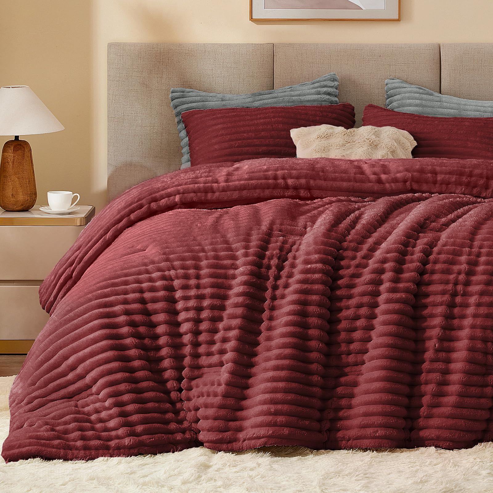 Photo 1 of BEDELITE Fleece Queen Comforter Set -Super Soft & Warm Fluffy Burgundy Bedding, Luxury Fuzzy Heavy Bed Set for Winter with 2 Pillow Cases