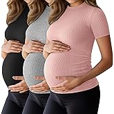 Ficerd 3 Pack 92% Cotton Ribbed Maternity T-Shirts for Women, Mock Turtleneck Side Ruched Slim Short Sleeve Pregnancy Tops