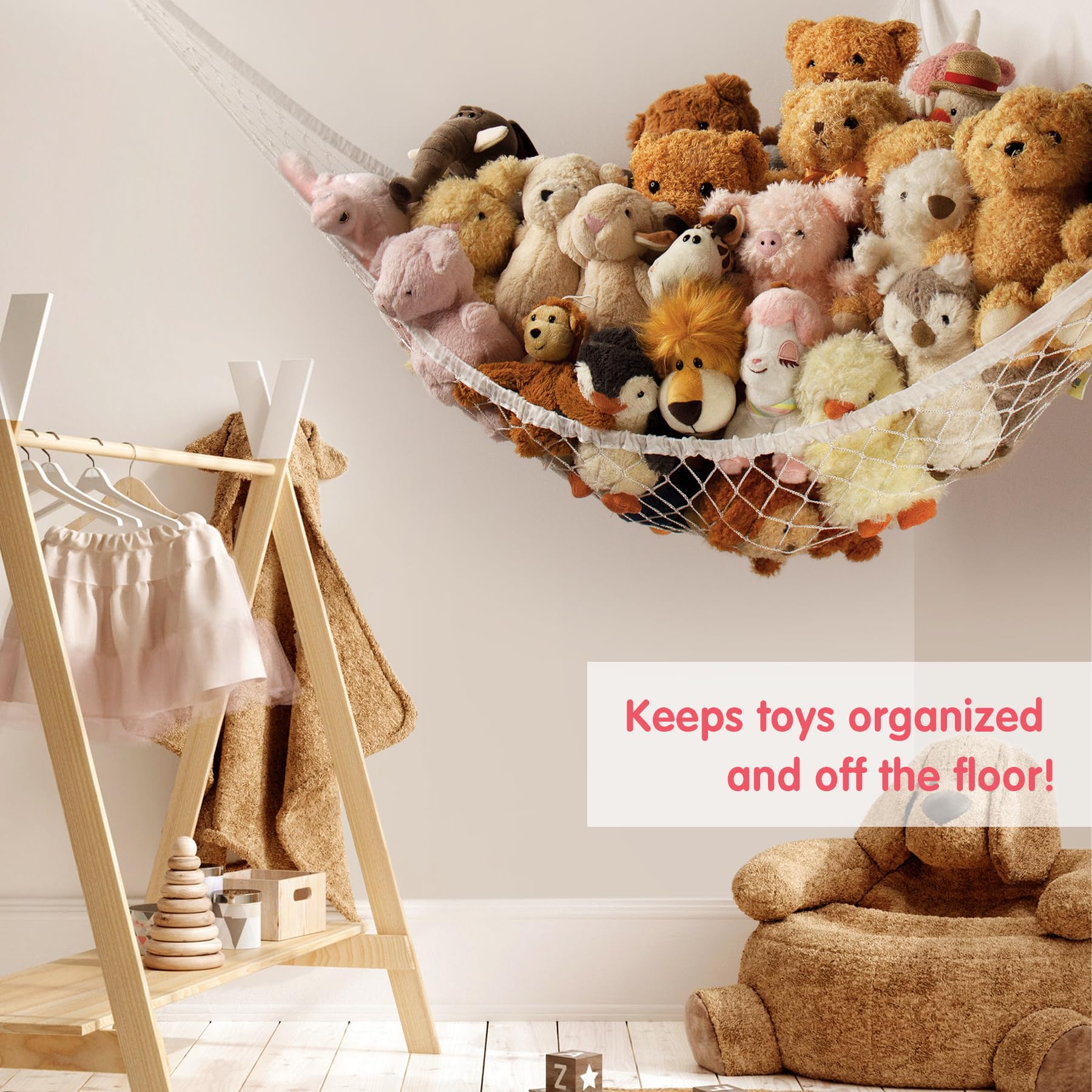 Stuffed Animal Storage Hammock Net Corner - Large Toy Hammock Net for Stuffed Animals Room Decor - Cute Stuff Animal Organizer Holder for Plush Plushie - Kids Baby Nursery Wall Bedroom Home Decor