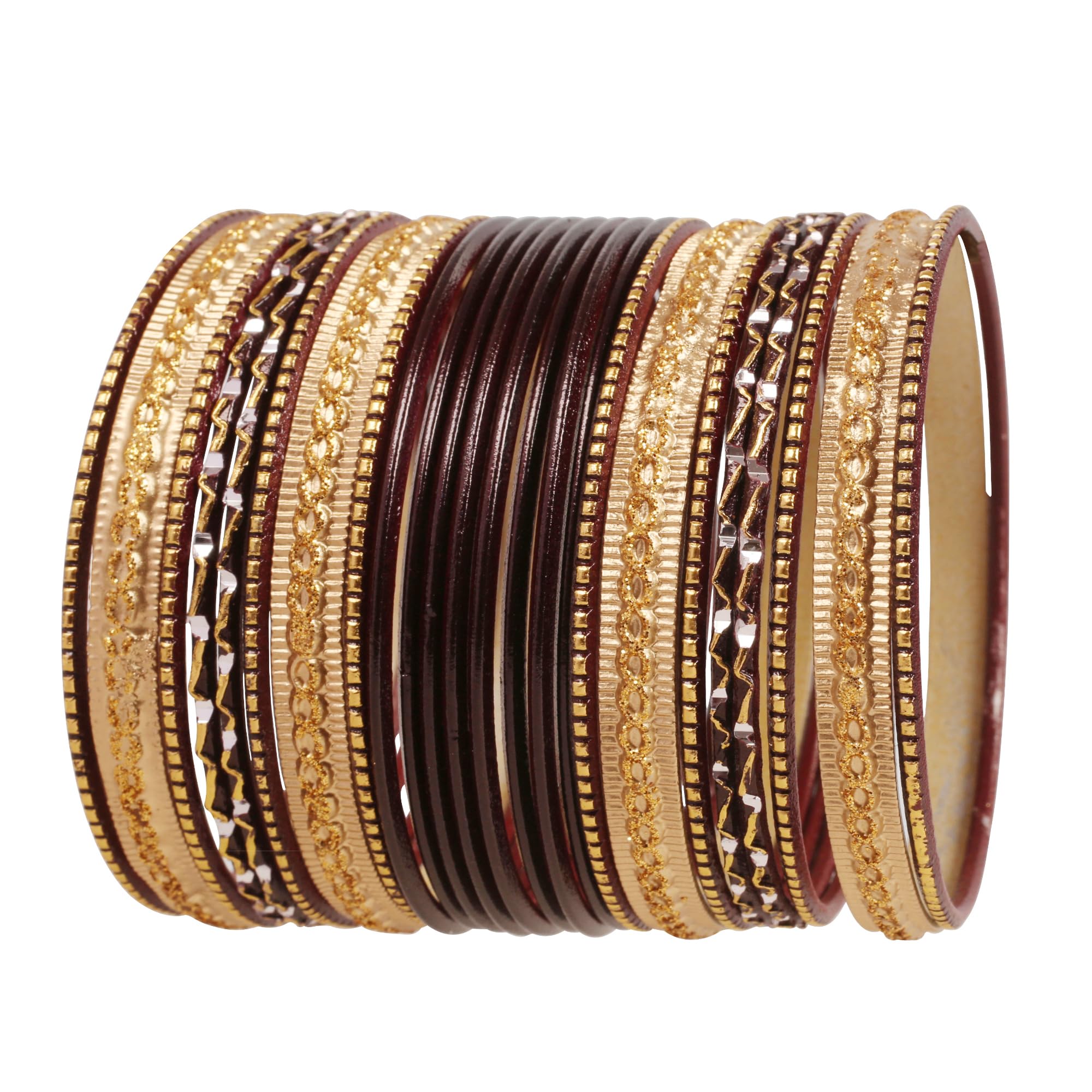 Touchstone New Colorful 2 Dozen Bangle Collection Indian Bollywood Alloy Metal Textured Maroon and Golden Color Special Large Size Bangle Bracelets Set of 24. in Antique Gold Tone for Women.