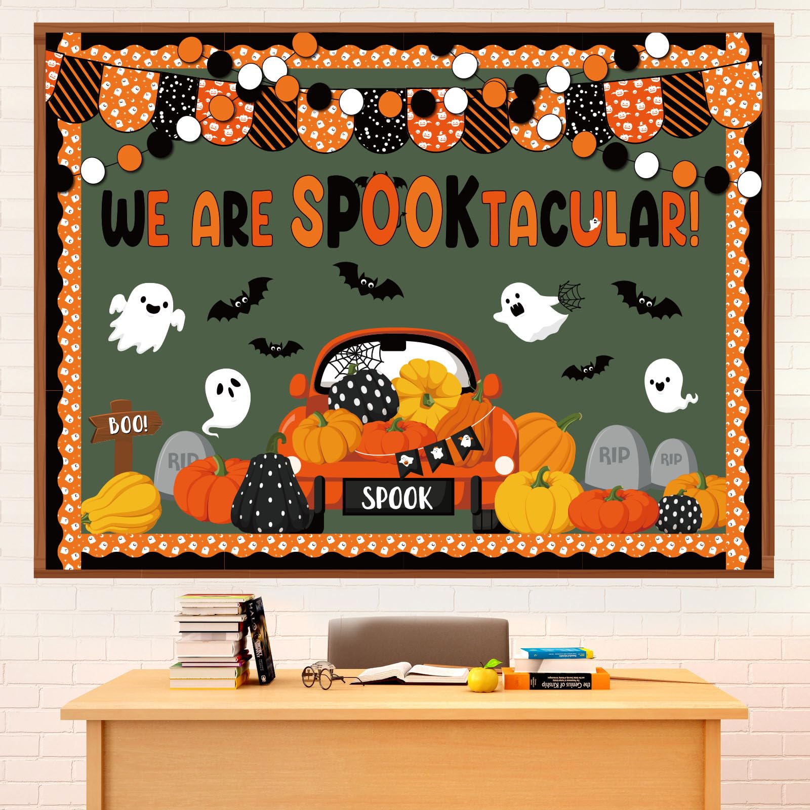 Photo 1 of Pasimy Halloween Bulletin Board Decorations Set Halloween Theme Classroom Decor Spider Bat Ghost Pumpkin Cutouts with Borders for Home School Party Supplies (Spook Truck)
