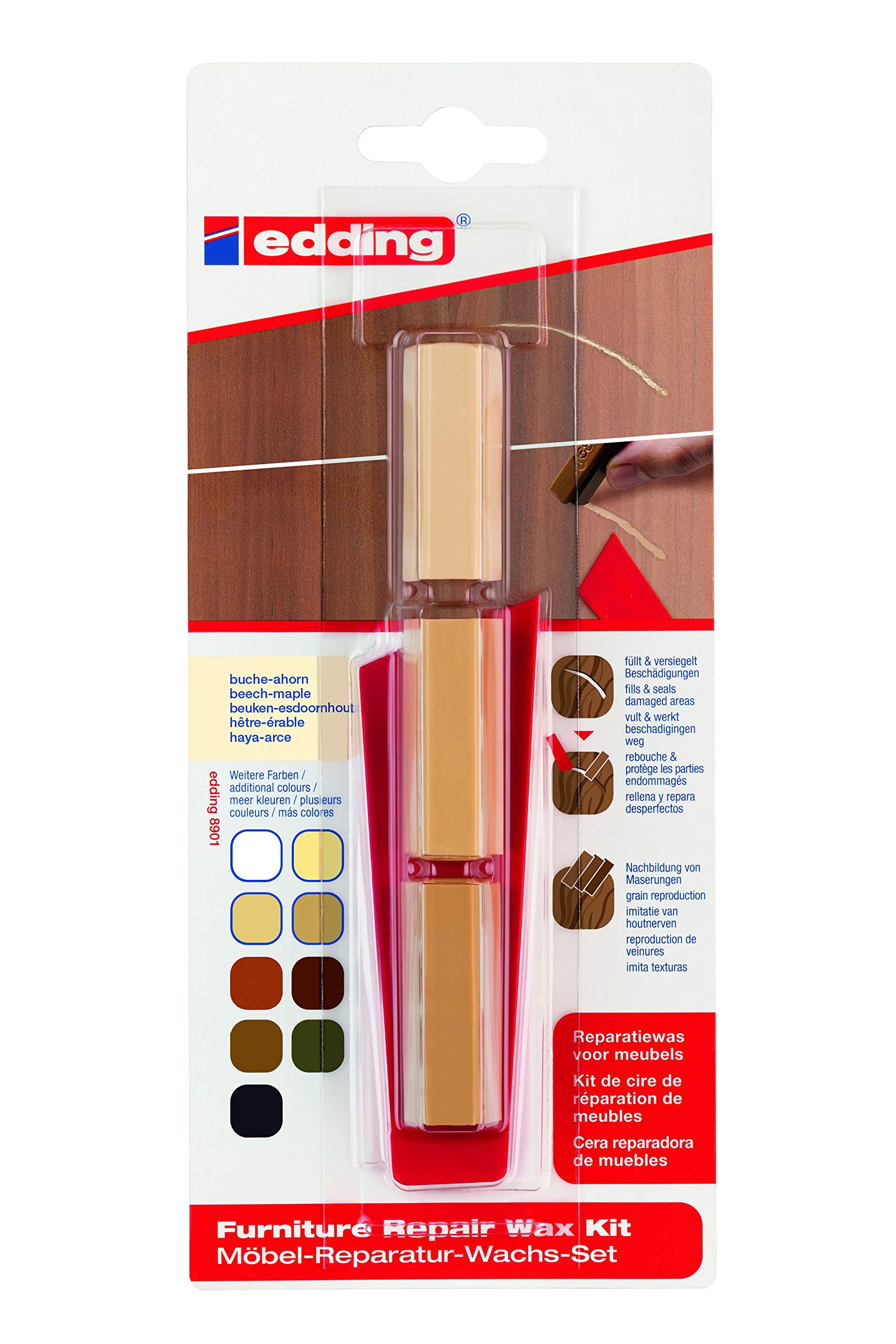 edding 8901 furniture repair wax kit - beech/maple - for filling in and repairing scratches and holes on furniture and other wood surfaces