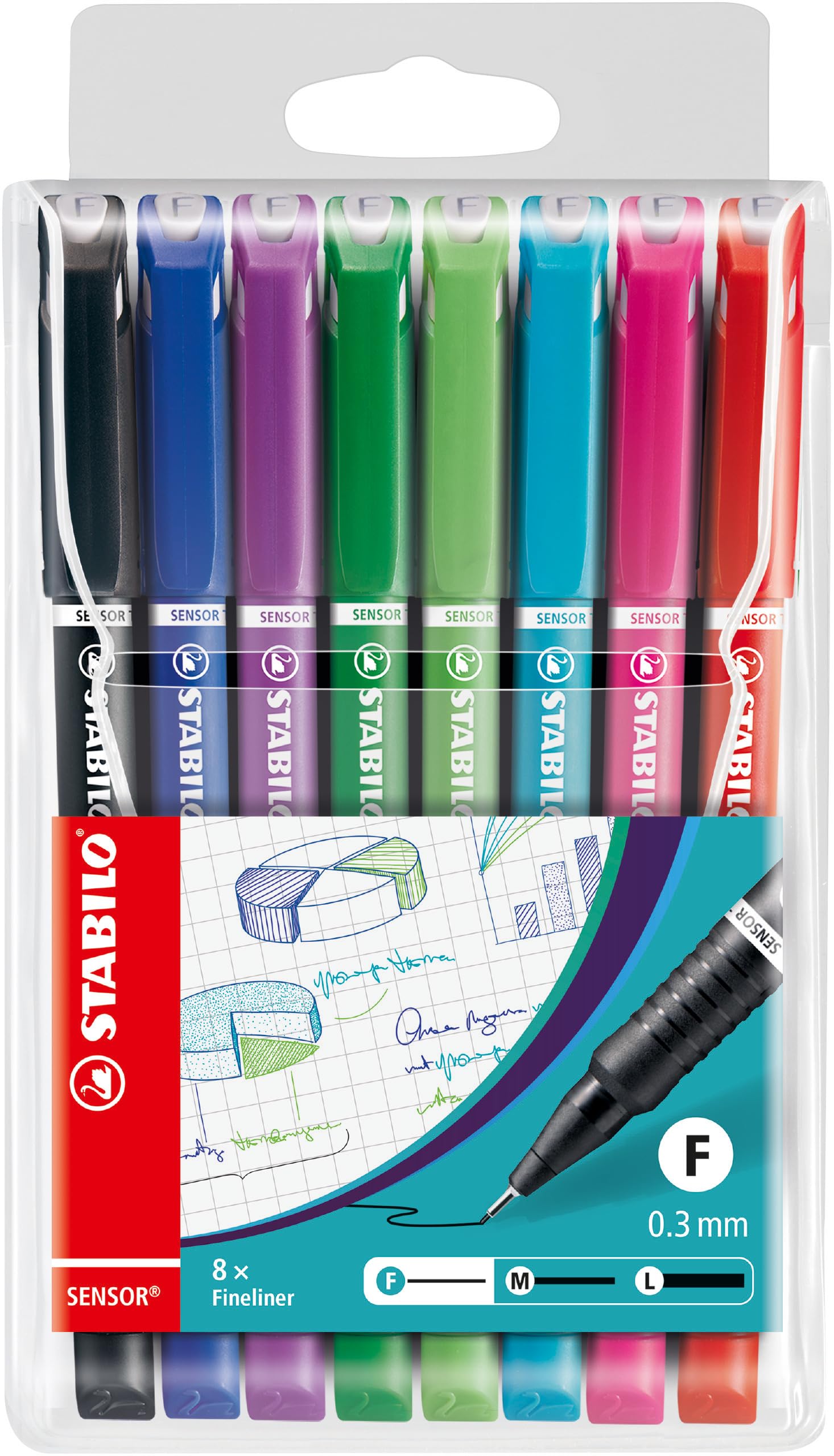 STABILO SENSOR fine - Fineliner with Cushioned F-Tip - Pack of 8 - Assorted Colours