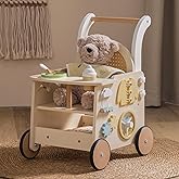 ROBOTIME Wooden Baby Walker, Baby Push Walker, Baby Activity Center Toys - Toddler Walking Activity Center Push Toys with Safety Brake, Baby Walker for Motor Skills (Rattan Doll Walker)
